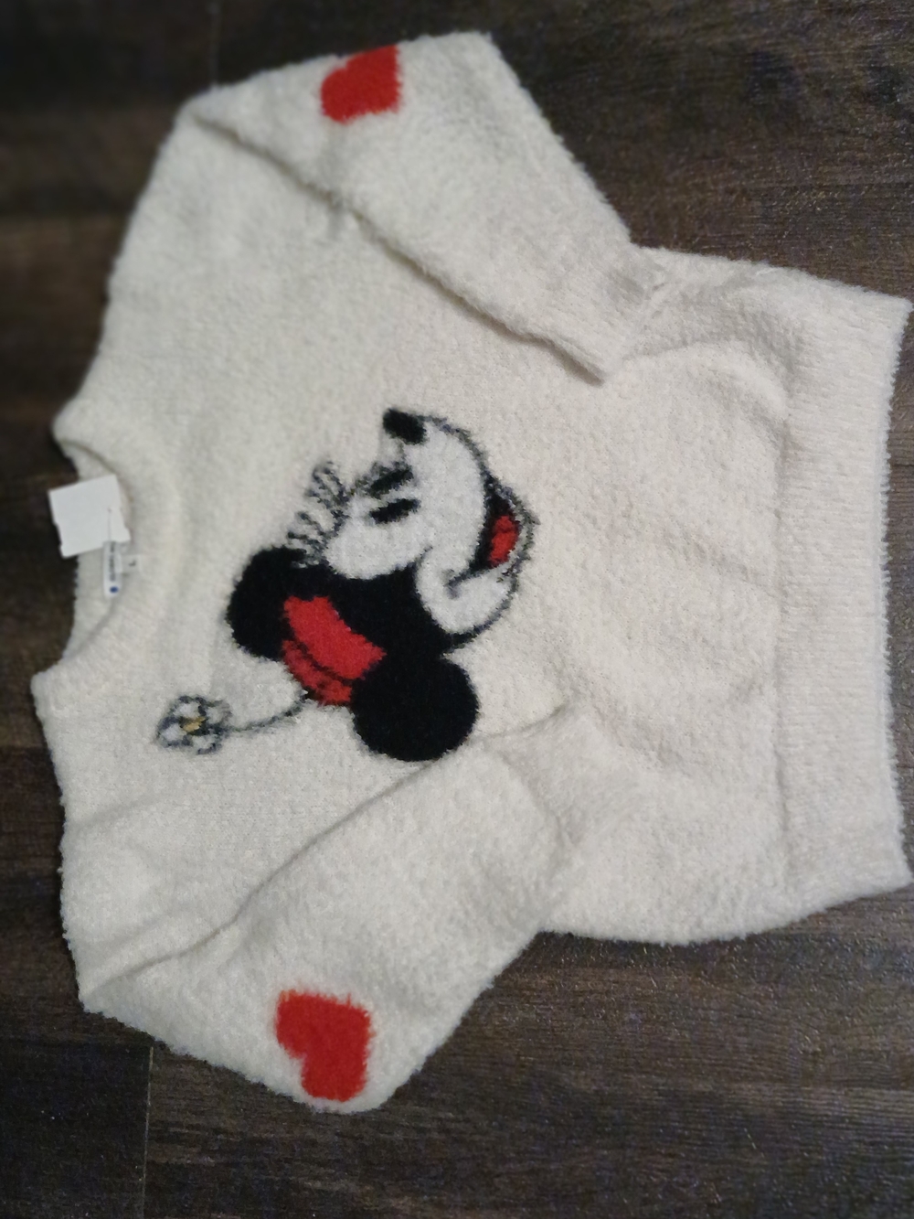 Cozy White Plush Sweater with Red Heart Elbow Detail